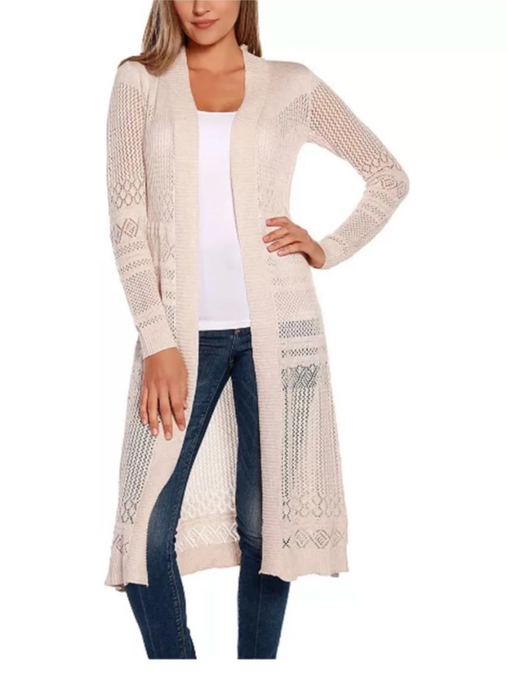 BELLDINI OPEN FRONT DUSTER CARDIGAN SWEATER WHITE CROCHETED KNITTED - XL